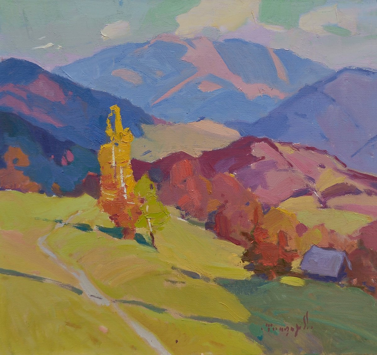 Impressionistic Landscape Oil Painting By Alexander Shandor, 28 X 26, Picturesque Autumn, Original Artwork