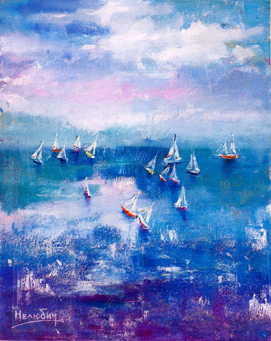 "Yachts at sea" ,  ships , sky