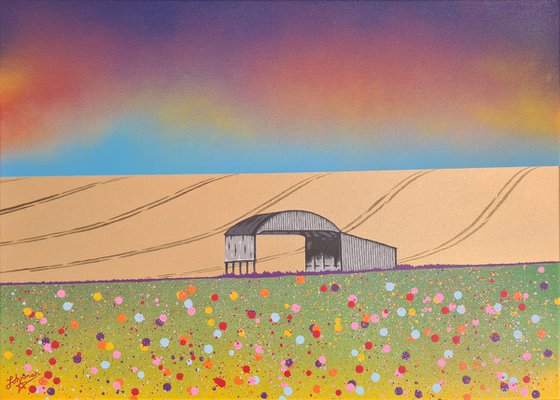 The Alchemist's Barn (Shepherd's Delight) - Contemporary vibrant abstract meadow with spray paint in Urban Graffiti Pop Art Banksy style depicting golden wheat field.