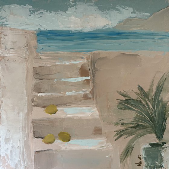 Mediterranean Seascape with lemons and palm