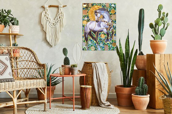 Pearl silver horse. Sun in the forest