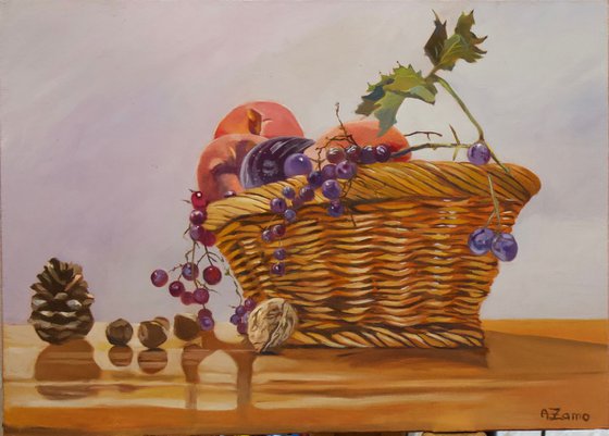 The basket of fruits, Original Still Life by Anne Zamo