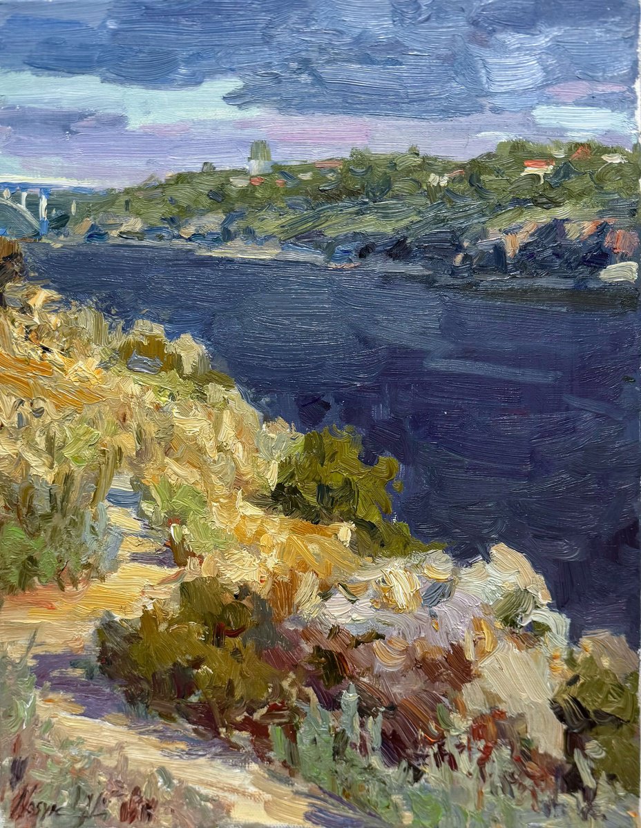 Impressionistic Landscape Oil Painting By Nataliia Nosyk, 11 X 14", Riverbank Under Summer Sky, Original Artwork