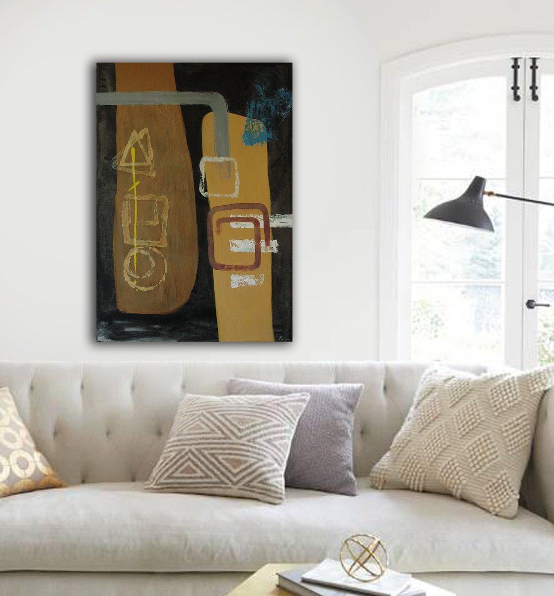 Abstract Acrylic Painting By Rumen Spasov, 28 X 39", "Symbols Of The Past", Original Artwork