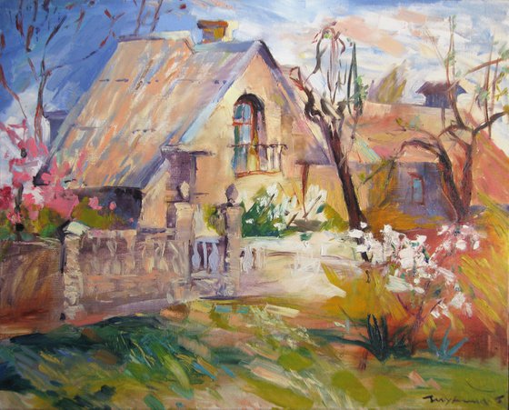 An old courtyard from childhood. Spring. Original oil painting