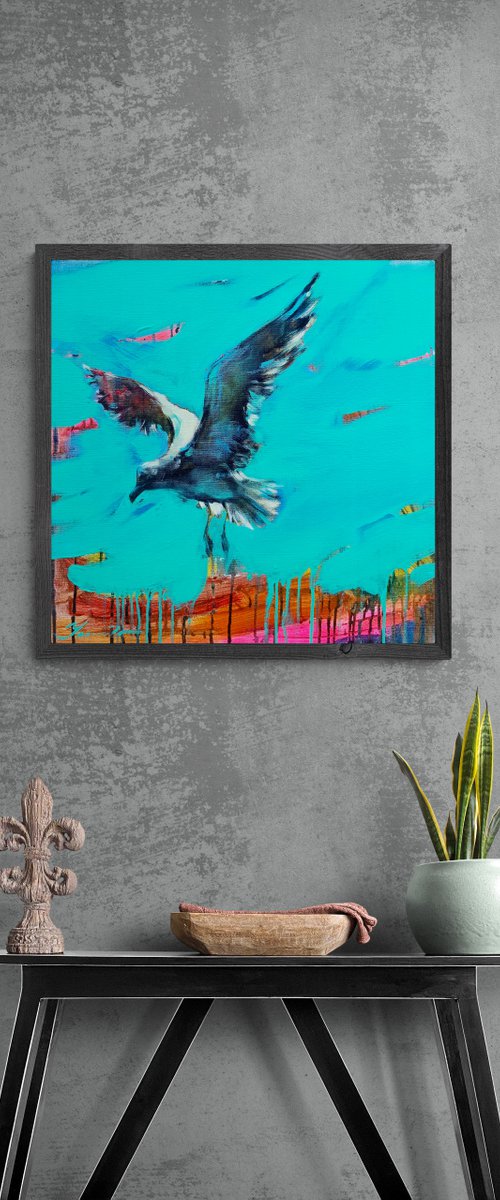 Bright painting - "Near the sea" - Pop Art - Bird - Sea - Ocean - Seagull - Sunset by Yaroslav Yasenev