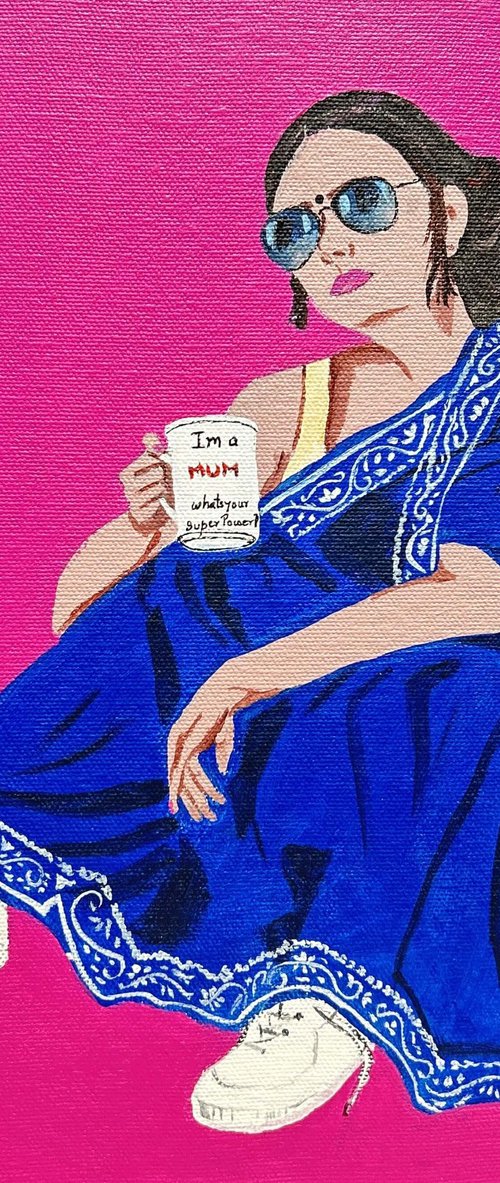 Original POP Art - Super mum Blue Saree Pop Art Indian painting, Modern Asian painting by Parul Baliyan