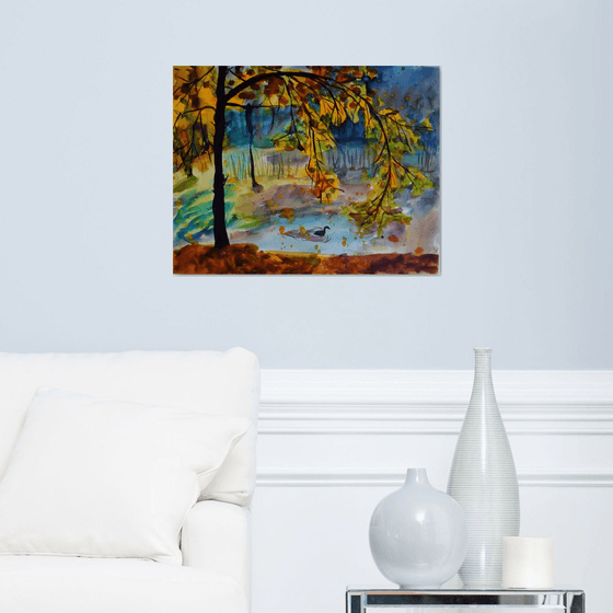 Big watercolor painting Autumn forest lake