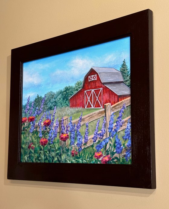 Red Barn with Spring Blooms