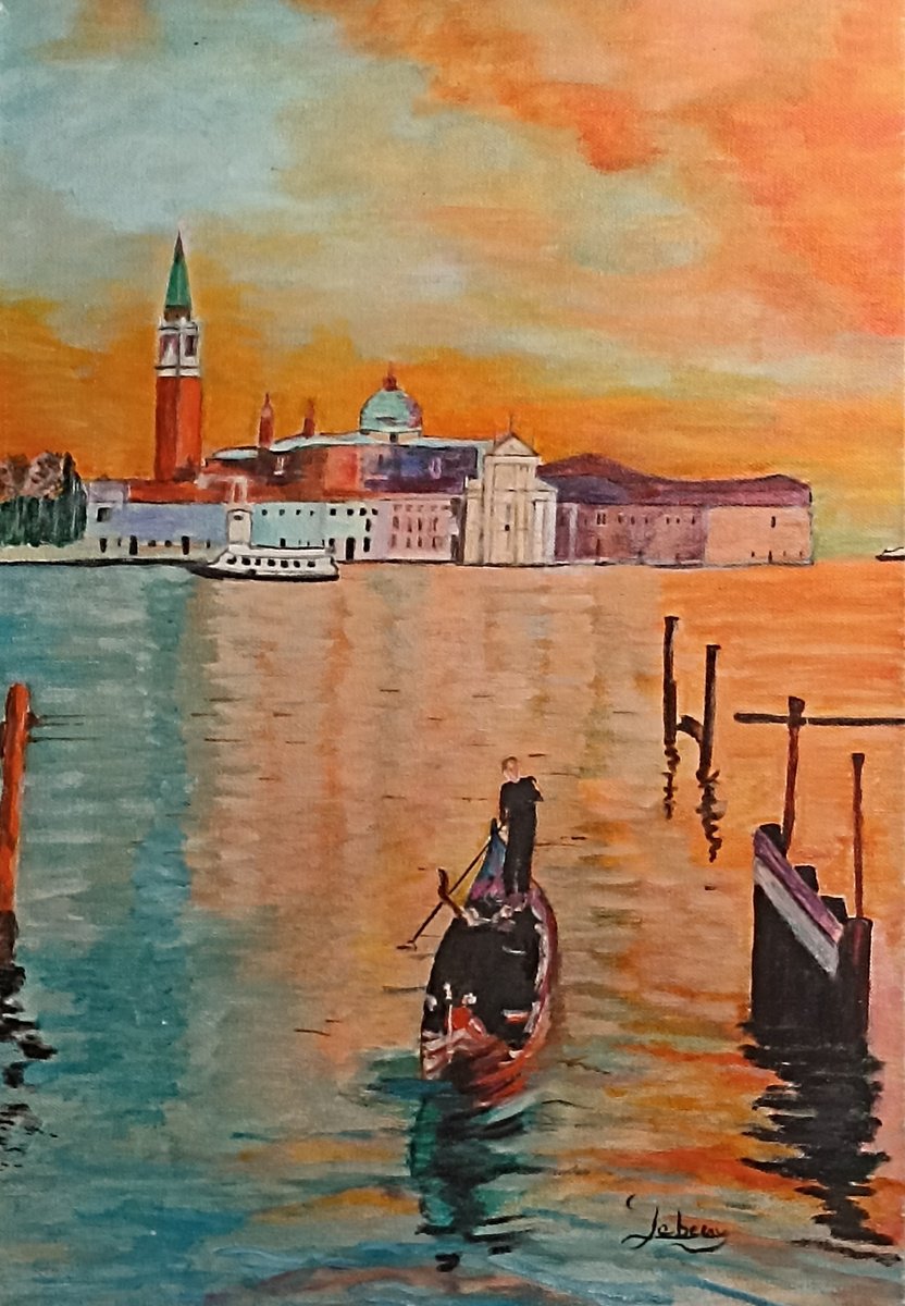 Impressionistic Landscape Oil Painting By Isabelle Lucas, 15 X 22, Sunset On Venice, Original Artwork