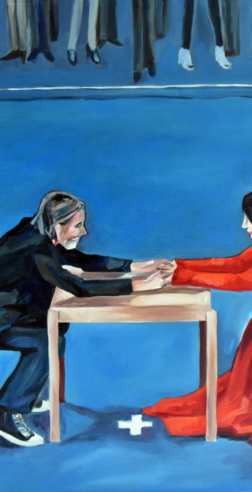 TRUE STORY. MARINA ABRAMOVICH AND ULAY - oil painting, perfomance, red, red dress, blue, couple, love, original art, by Sasha Robinson