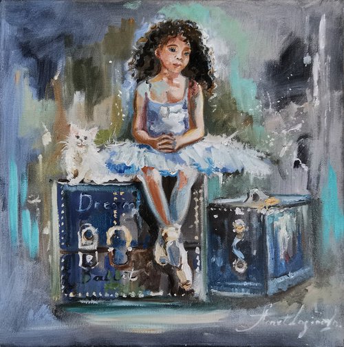 African american painting. Ballerina with a white kitten by Annet Loginova