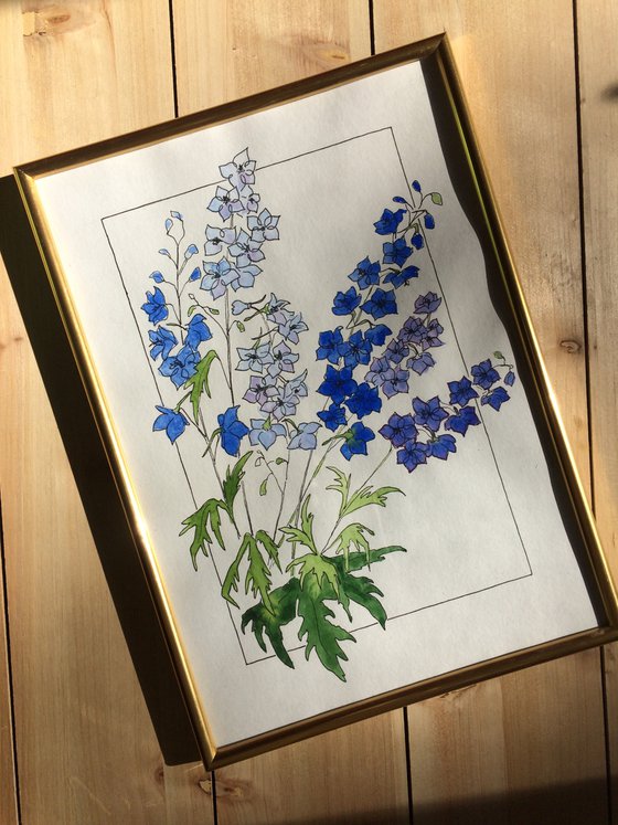 Flowers original watercolor - Bluebells illustration - Floral mixed media drawing - Gift idea