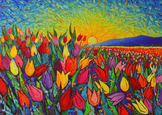 COLOURFUL TULIPS FIELD AT SUNRISE - modern impressionist palette knife oil painting