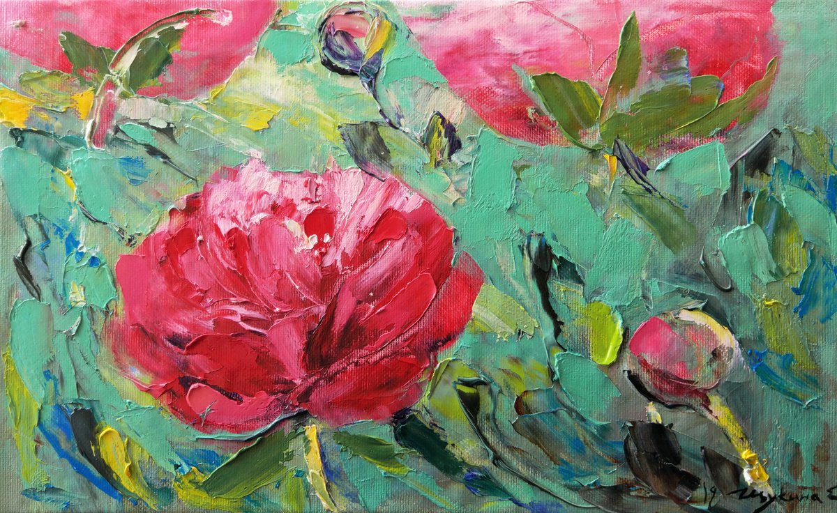 Botanical Oil Painting By Helen Shukina, 12 X 7, Peonies Mood, Original Artwork