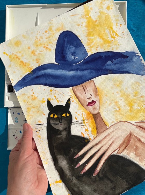 Black Cat Painting Woman Original Art Faceless Portrait Watercolor Blue Hat Artwork Home Wall Art 11 by 15 by Halyna Kirichenko