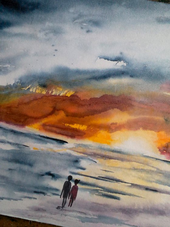 Abstract watercolor landscape wet on wet original watercolor painting TOWARDS YOUR SUN