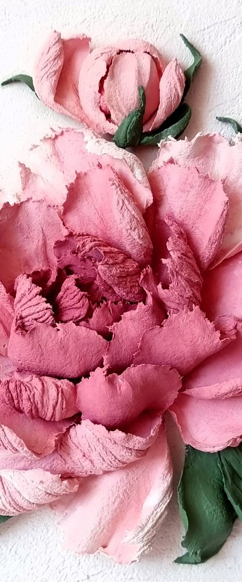 Peony flower panel. Small ceramic sculpture 3d flower with maroon petals. Tender peony botanical bas- relief. Maroon Peony 3 - 3d painting by Irina Stepanova
