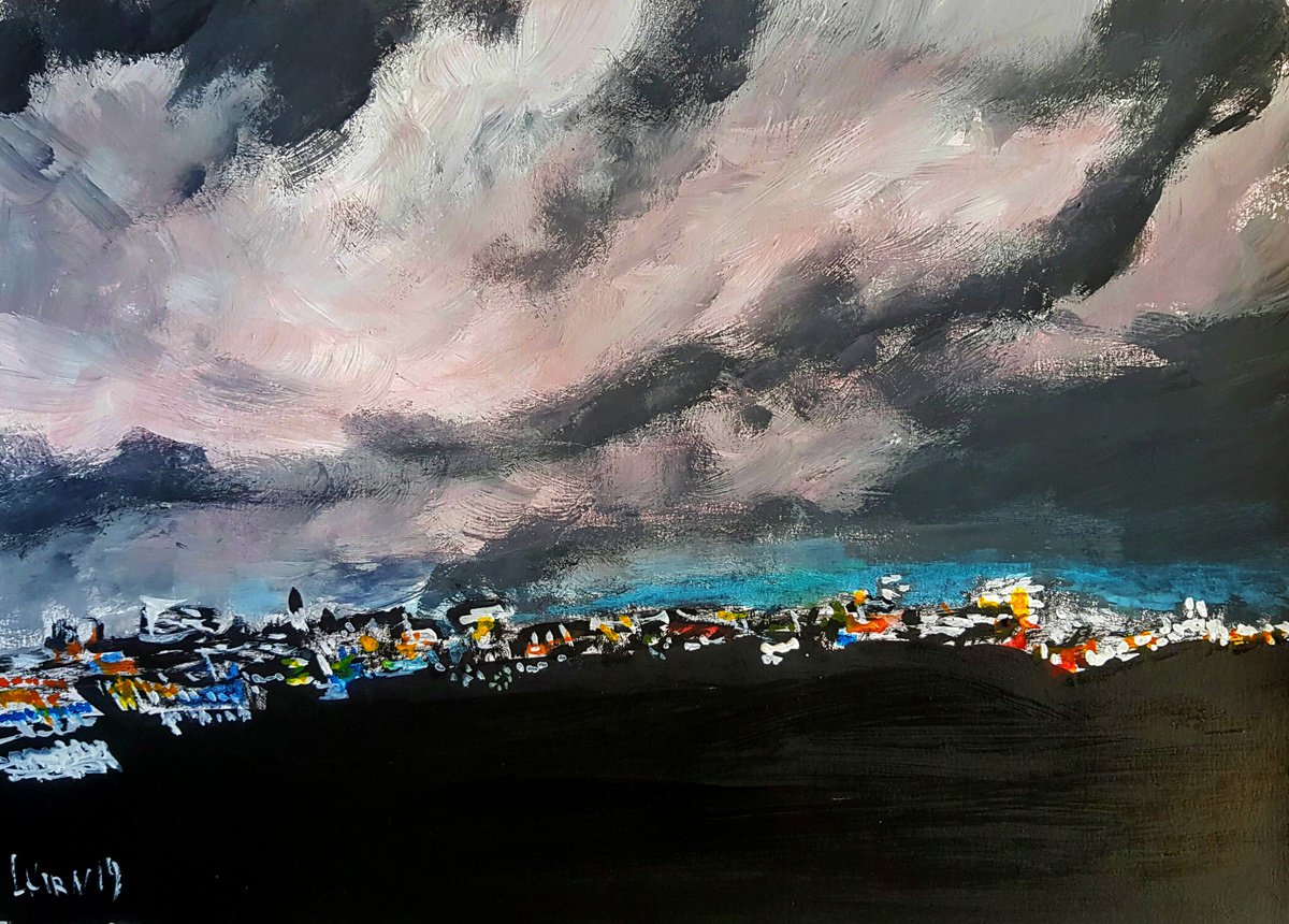 Impressionistic Landscape Acrylic Painting By Leonid Kirnus, 14 X 10", City In The Mountains, Original Artwork