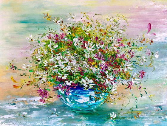 FLOWER SALUTE - Magic still life. Big bouquet. Vase with daisies. Rainbow background. Original. Aesthetics. Warm shades.