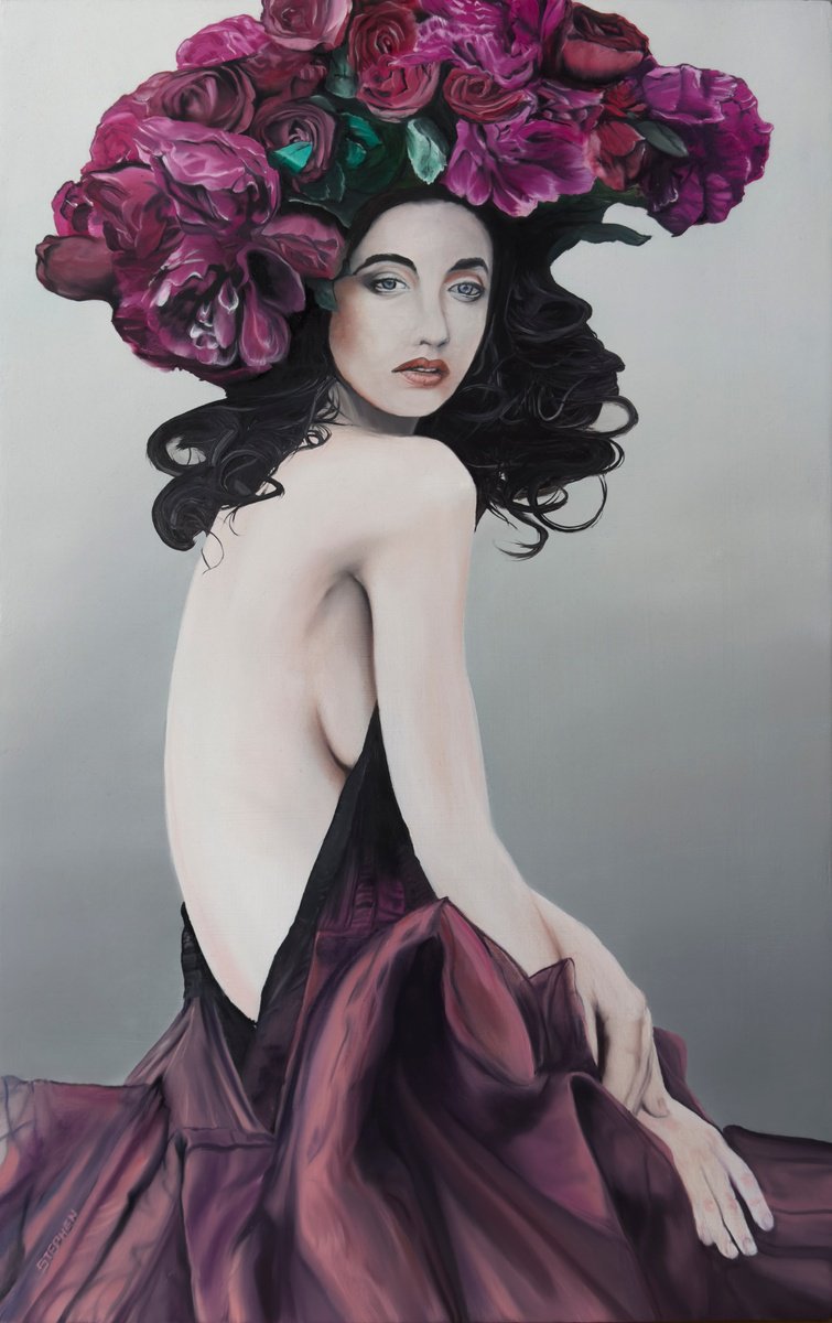 Impressionistic Portrait Oil Painting By Steven M. Curtis, 18 X 28", Lady With Flowers`, Original Artwork