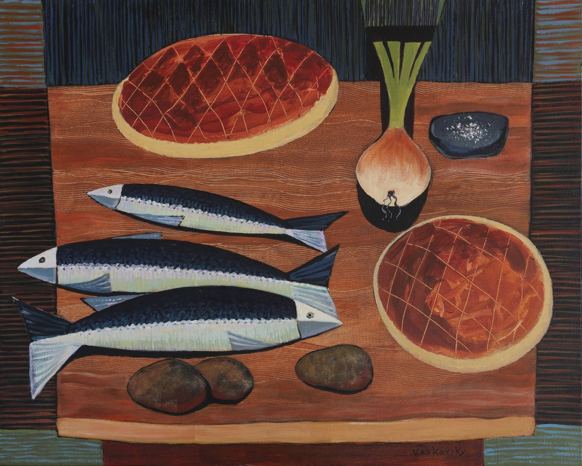 Still Life Acrylic Painting By Vadim Vaskovsky, 30 X 24", Bread And Fish, Original Artwork