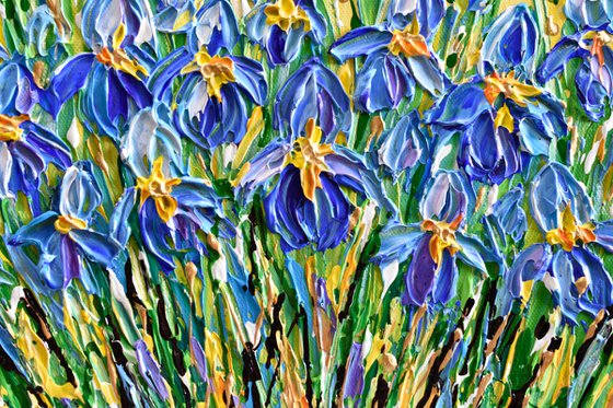 Irises - Deep impasto original floral painting, palette knife blue flowers art