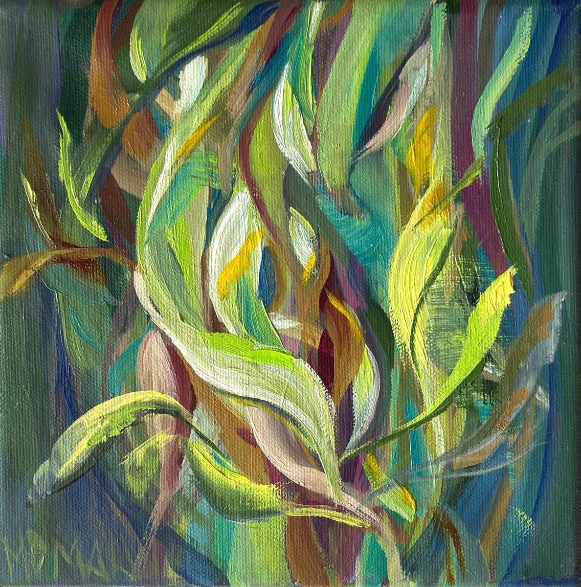 Abstract Botanical Oil Painting By Momalyu, 8 X 8", Feeling. Abstract Oil Painting, Original Artwork