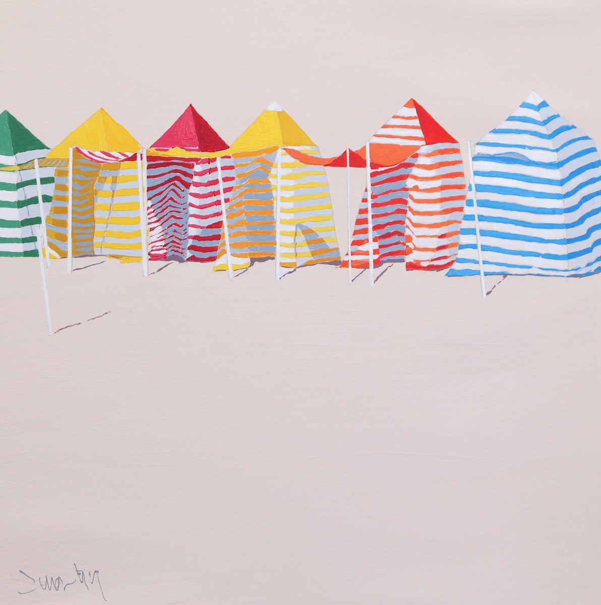 Impressionistic Landscape Acrylic Painting By Carlos Marti?n, 16 X 16, Beach Tents Ii, Original Artwork