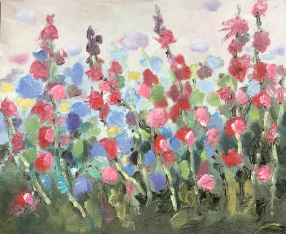 Summer Hollyhocks painting