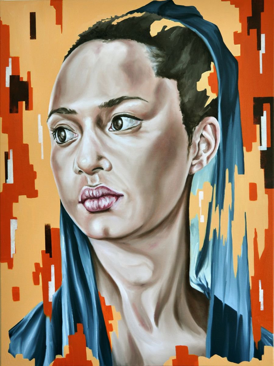 Urban And Pop Portrait Oil Painting By Mullo Art, 30 X 39", The Void Stares Back, Original Artwork