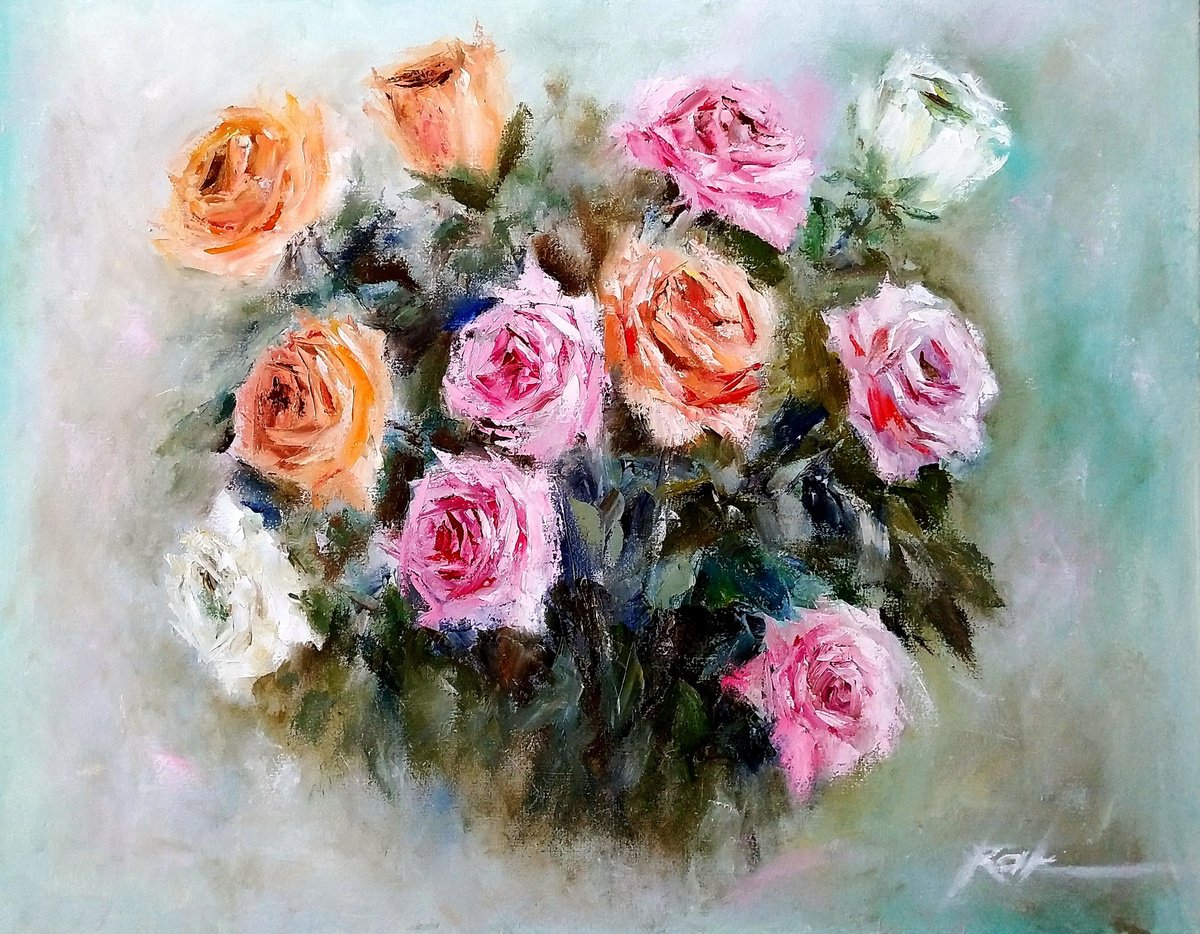Impressionistic Botanical Oil Painting By Oleh Rak, 28 X 22", Bouquet Of Roses, Original Artwork