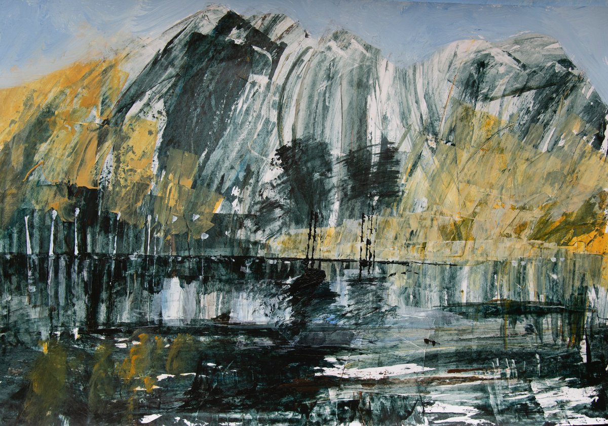 Abstract Landscape Acrylic Painting By Elizabeth Anne Fox, 33 X 24, Alpine Lake, Original Artwork