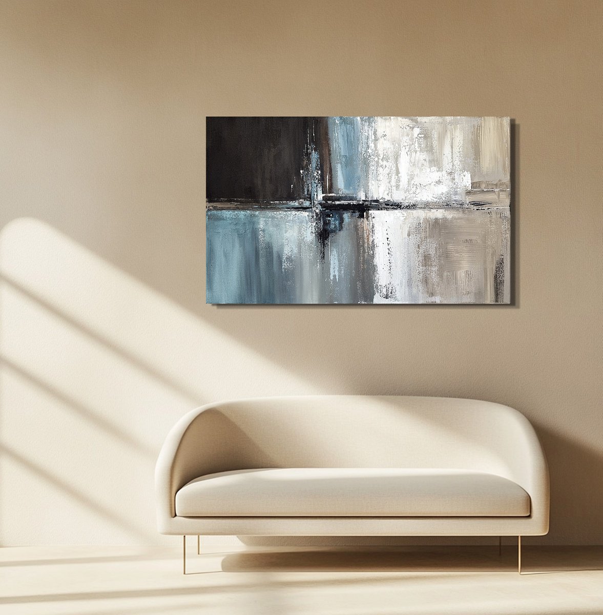 Organic Abstract Acrylic Painting By Tatiana Malinovscaia, 39 X 24", Perfection In Blue And Beige, Original Artwork