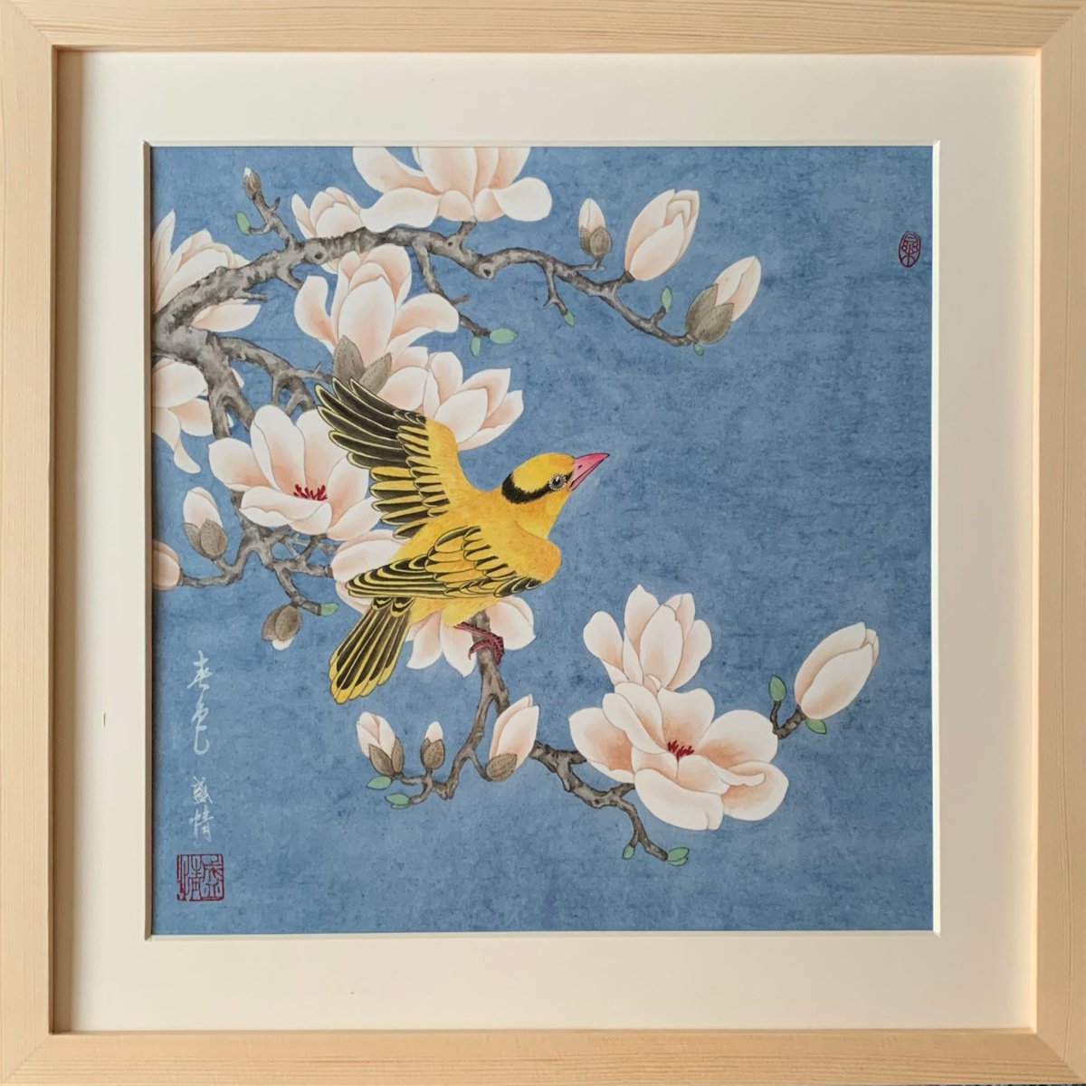Magnolia & Oriole, Original Gongbi Brush Painting by Fiona Sheng