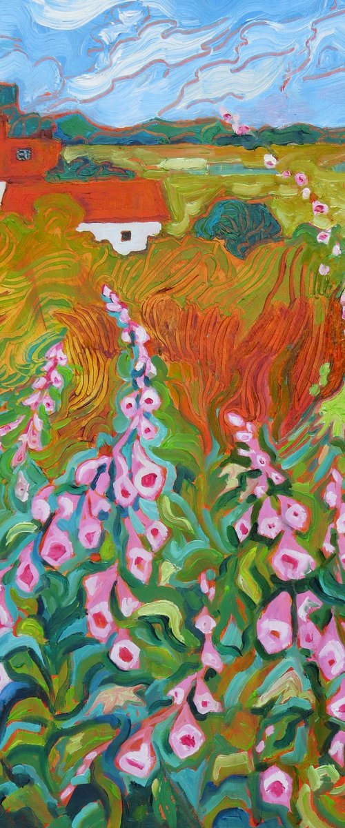 Red Roofs and Foxgloves by Mary Kemp