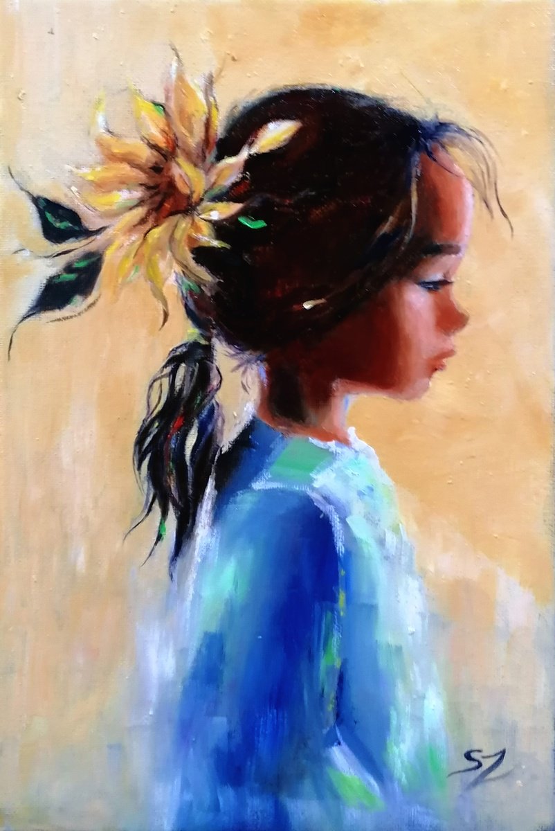Impressionistic Portrait Oil Painting By Susana Z. Harris, 8 X 12", Girl With A Sunflower 2, Original Artwork