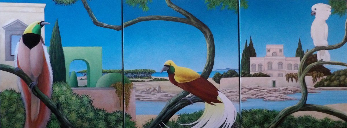Surrealistic Oil Painting , Triptych Of The Birds Of Paradise By Cecco Mariniello, 71 X 28, Artwork For Sale On Artfinder