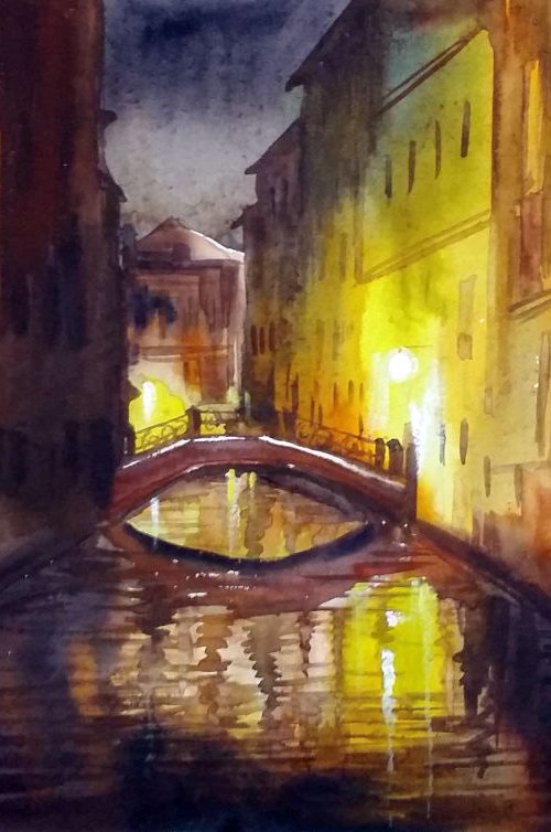 Night Venice Canals - Watercolor Painting by Samiran Sarkar