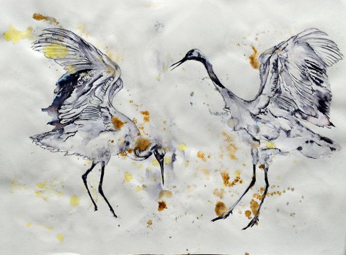 The fight / Bird Ink painting by Anna Sidi-Yacoub