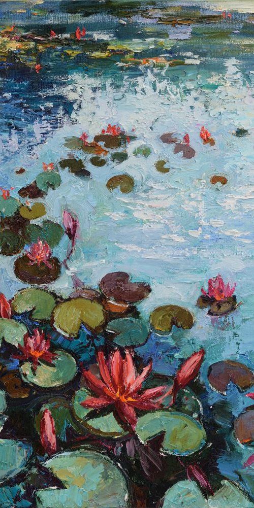 Pink water lilies Oil painting 90 x 75 cm by Anastasiia Valiulina