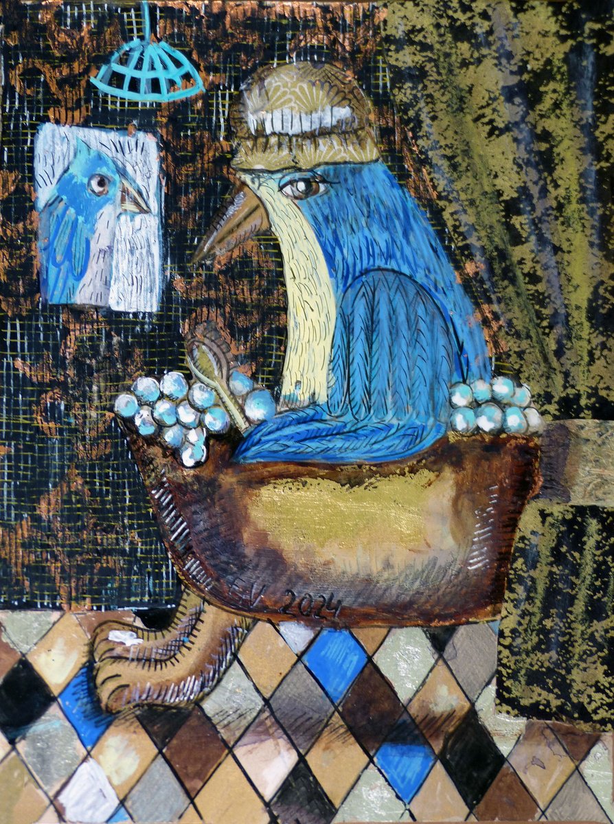 Surrealistic Painting , Bird In The Bath By Elizabeth Vlasova, 9 X 12, Artwork For Sale On Artfinder