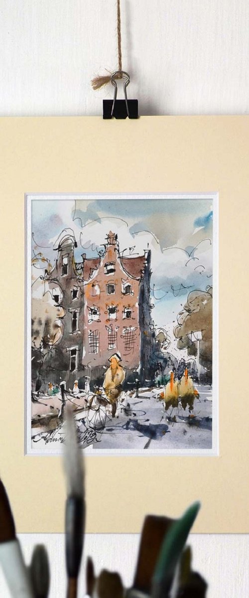 Amsterdam, ink and watercolor urban sketch painting. by Marin Victor