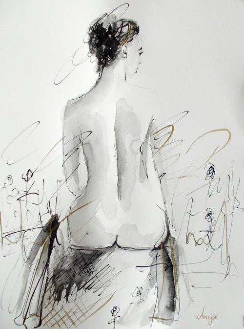 Woman  Nude ink drawing series-Figurative drawing on paper by Antigoni Tziora