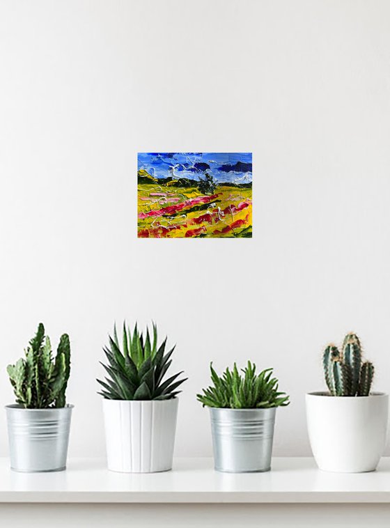 Ukraine Painting Poppy Field Original Art Landscape Oil Impasto Artwork Small Textured Wall Art 8 by 6 inches