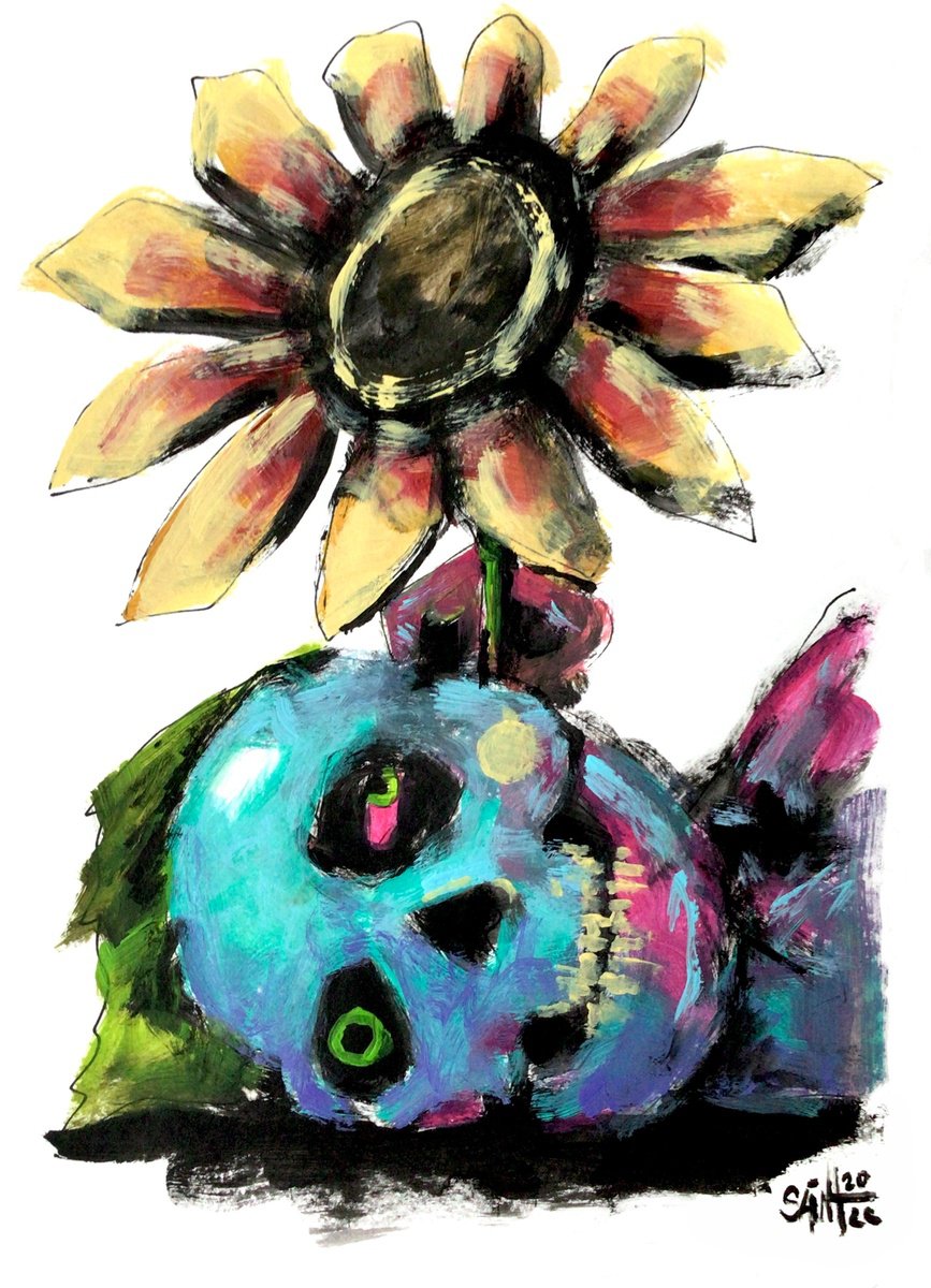 #45 Sunflower Zombie portrait painting original art, Horror Naive Outsider Folk Art Brut S... by Ruslan Aksenov