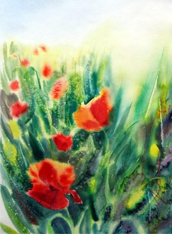 Poppy Flowers Watercolor Original Painting, Red Field Flowers in Aquarelle, Semi Abstract Floral Painting on Paper, Spontaneous Style Floral Wall Art