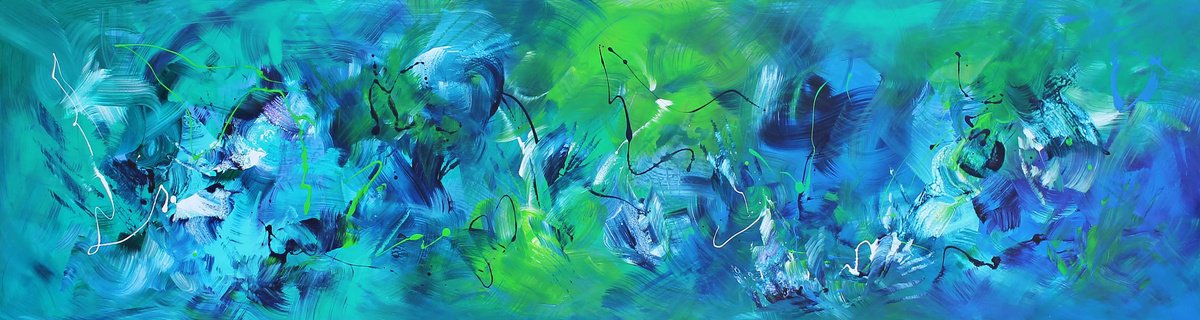 Expressive Abstract Acrylic Painting By Paresh Nrshinga Frsa, 90 X 24", Aqua Dreamscape, Original Artwork