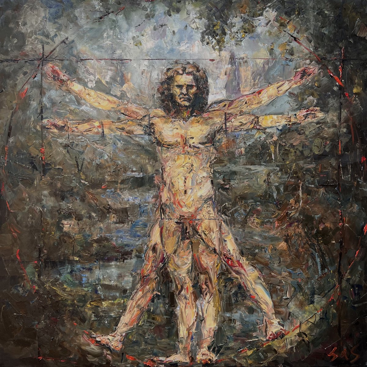 Expressive Portrait Oil Painting By Liubou Sas, 31 X 31", My Vitruvian Man, Original Artwork