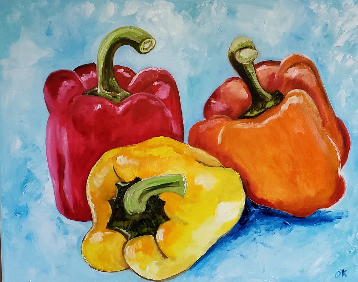 Peppers on turquoise background by Olga Koval